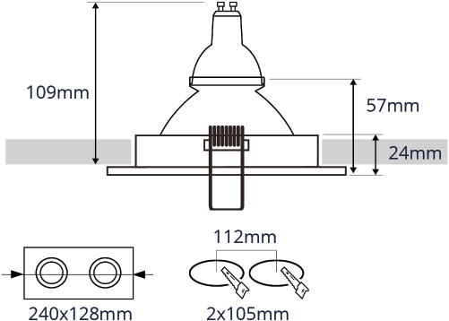 Pragmalux indbygget spot Duplo firkantet 2V sort RAL9004 - inkl. GU10 fitting
