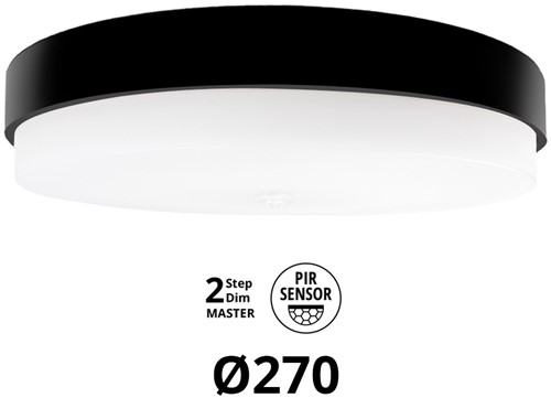 Pragmalux LED Plafonnière / Wandarmatuur Dura-S Zwart Ø270 IP64 IK10 4-9W 375-1000lm 2200K-2700K 2-CCT 2-step dim (100-10%) master + PIR Sensor