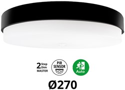 Pragmalux LED Plafonnière / Wandarmatuur Dura-S Zwart Ø270 IP64 IK10 4-9W 375-1000lm 2200K-2700K 2-CCT 2-step dim (100-10%) master + PIR Sensor & noodmodule 1uur zelftest