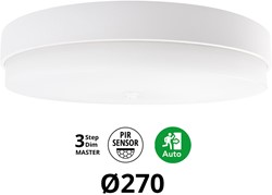 Pragmalux LED Plafonnière / Wandarmatuur Dura-S Wit Ø270 IP64 IK10 4-9W 375-1000lm 2200K-2700K 2-CCT 3-step dim (100-10%) master + PIR Sensor & noodmodule 1uur zelftest