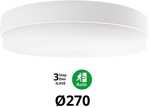 Pragmalux LED Plafonnière / Wandarmatuur Dura-S Wit Ø270 IP64 IK10 4-9W 375-1000lm 2200K-2700K 2-CCT 3-step dim (100-10%) slave = geen sensor & noodmodule 1uur zelftest