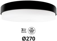 Pragmalux LED Plafonnière / Wandarmatuur Dura-S Zwart Ø270 IP64 IK10 4-9W 375-1000lm 2200K-2700K 2-CCT 3-step dim (100-10%) master + PIR Sensor