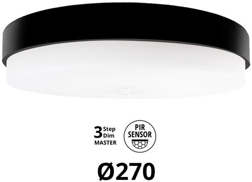 Pragmalux LED Plafonnière / Wandarmatuur Dura-S Zwart Ø270 IP64 IK10 4-9W 375-1000lm 2200K-2700K 2-CCT 3-step dim (100-10%) master + PIR Sensor