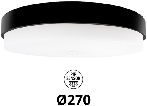 Pragmalux LED Plafonniere / Wandarmatuur Dura-S Zwart 270 IP64 IK10 4-9W 450-1100lm 3000K-3500K-4000K 3-CCT + PIR sensor