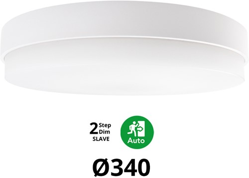 Pragmalux LED Plafonnière / Wandarmatuur Dura-M Wit Ø340 IP64 IK10 8-18W 750-2075lm 2200K-2700K 2-CCT 2-step dim (100-10%) slave = geen sensor & noodmodule 1uur zelftest