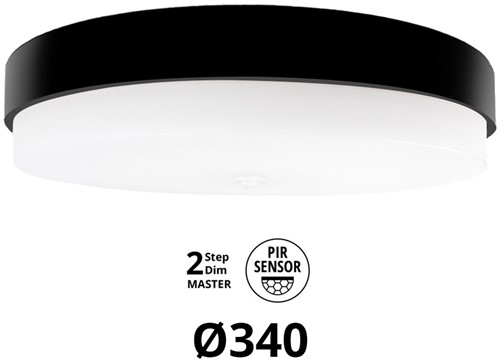 Pragmalux LED Plafonnière / Wandarmatuur Dura-M Zwart Ø340 IP64 IK10 8-18W 750-2075lm 2200K-2700K 2-CCT 2-step dim (100-10%) master + PIR Sensor