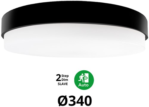 Pragmalux LED Plafonnière / Wandarmatuur Dura-M Zwart Ø340 IP64 IK10 8-18W 750-2075lm 2200K-2700K 2-CCT 2-step dim (100-10%) slave = geen sensor & noodmodule 1uur zelftest