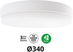 Pragmalux LED Plafonnière / Wandarmatuur Dura-M Wit Ø340 IP64 IK10 8-18W 750-2075lm 2200K-2700K 2-CCT 3-step dim (100-10%) master + PIR Sensor& noodmodule 1uur zelftest