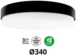 Pragmalux LED Plafonnière / Wandarmatuur Dura-M Zwart Ø340 IP64 IK10 8-18W 750-2075lm 2200K-2700K 2-CCT 3-step dim (100-10%) master + PIR Sensor & noodmodule 1uur zelftest