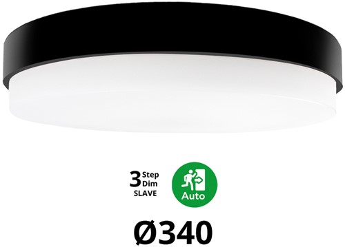 Pragmalux LED Plafonnière / Wandarmatuur Dura-M Zwart Ø340 IP64 IK10 8-18W 950-2300lm 3000K-3500K-4000K 3-CCT 3-step dim (100-10%) slave = geen sensor & noodmodule 1uur zelftest