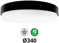 Pragmalux LED Plafonniere / Wandarmatuur Dura-M Zwart 340 IP64 IK10 8-18W 950-2300lm 3000K-3500K-4000K 3-CCT + PIR sensor + noodmodule 1uur autotest