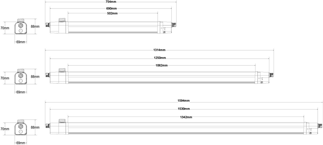 Pragmalux LED TL vandtæt armatur Hera IP66 150cm 36-60W 5050-9000lm 3000K-4000-6000K 3-CCT 4x2,5mm Gennemgående ledninger (1/2x80W) + Nødmodul 1h selvtest