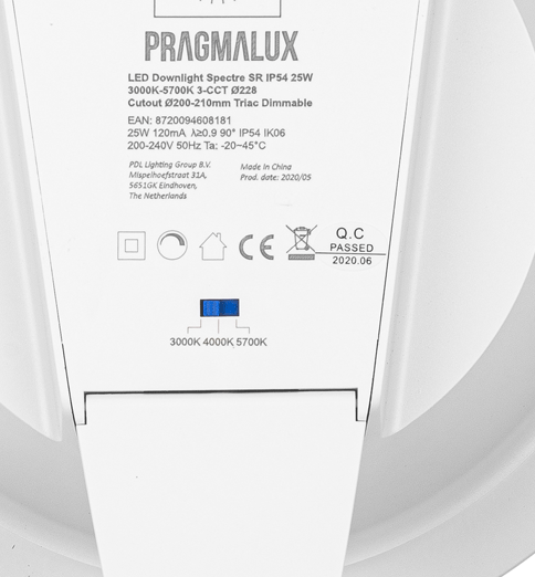 Pragmalux LED Downlight Spectre SR IP54 10-25W 3000K-5700K 3-CCT 1150-2750lm sort Ø172 Udvendig størrelse - Hulstørrelse Ø150-165 +Universal LED-driver (DALI2, 1-10V, Push-dim) (2x18W)