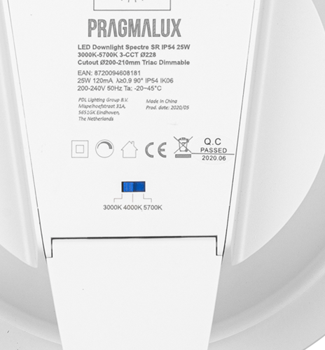 Pragmalux LED Downlight Spectre SR IP54 20W 3000K-5700K 3-CCT 2200-2300lm Ø228 Buitenmaat - Gatmaat Ø200-210 +Philips DALI Driver (2x26W)-5