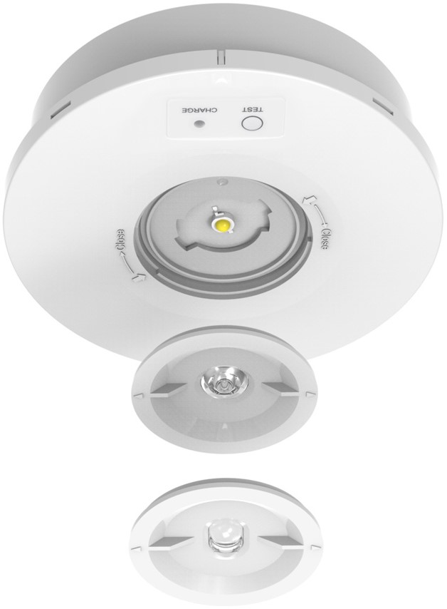 Pragmalux DOTXL overflademonteret nødlampe, ikke-kontinuerlig, 3 watt 230-270 lumen, LifePO4 1h, åbent rum og korridorlinse, ø155x46mm, hvid, selvtest