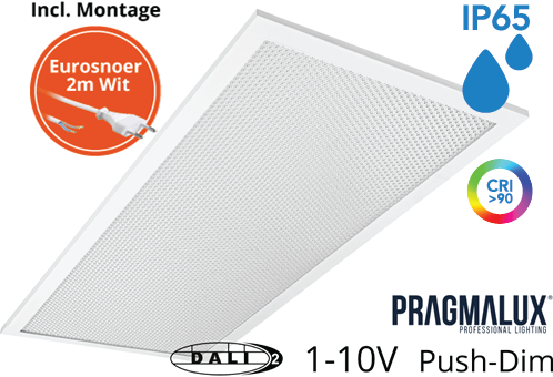 Pragmalux LED Paneel 30x60cm Sigma G2 IP65 CRI>90 10-20W 5000K-6500K 2-CCT 1250-2600lm UGR<19 +Universele Driver (DALI2, 1-10V, Push-dim) incl. eurosnoer 2m wit(2x14W/2X18W)