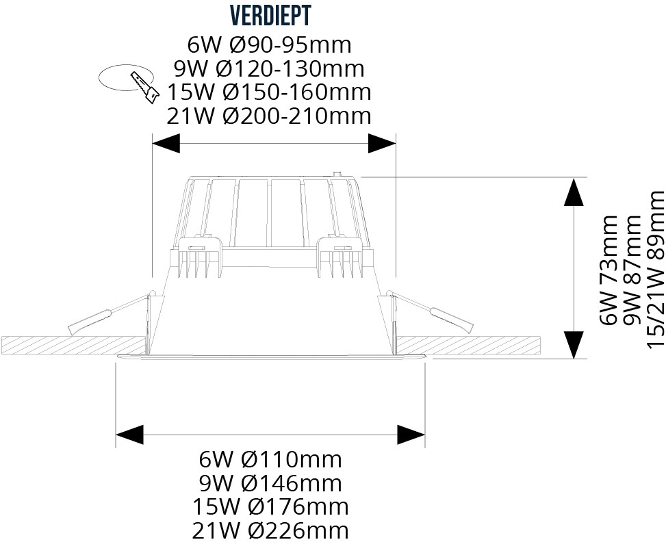 Pragmalux LED Downlight Essence G2 IP54 hvid uddybet max. 9W 3000K-6000K 3-CCT maks. 1000lm 100D Ø146 Yderstørrelse - Hulstørrelse Ø120 ekskl. LED-driver