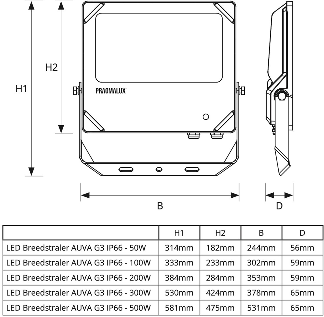 Pragmalux LED projektør Auva G3 IP66 C4 20-50W 3000K-5000K 3CCT 3050-7950lm asymmetrisk sort RAL9004