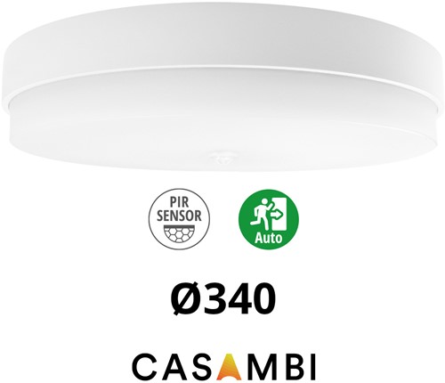 Pragmalux LED Plafonnière / Wandarmatuur Dura-M Wit Ø340 IP64 IK10 max.18W 2200-2300lm 3000K-3500K-4000K 3-CCT + Casambi PIR sensor + noodmodule 1uur autotest