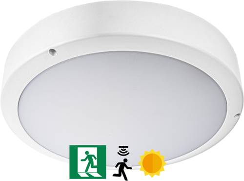 Pragmalux LED Bulkhead Venus G2 IP65 2,7W-5W 3000K-5000K 3-CCT 295-570lm Ø300 + Step-dim daglicht & bewegingssensor & noodmodule 3 uur manueel
