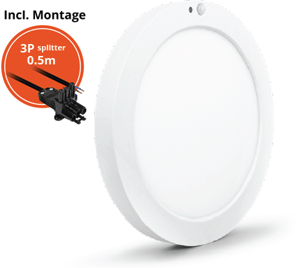 Pragmalux LED Downlight Luna G2 PIR wit IP44 9W/18W 3000K-6000K 3-CCT 1025-2000lm Ø227 Buitenmaat - Gatmaat Ø65-185 incl. LED Driver & 3P Aansluitsnoer en splitter en trekontlasting, 1 in 2 uit