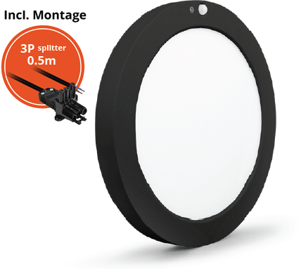 Pragmalux LED Downlight Luna G2 PIR zwart IP44 9W/18W 3000K-6000K 3-CCT 1025-2000lm Ø227 Buitenmaat - Gatmaat Ø65-185 incl. LED Driver & 3P Aansluitsnoer en splitter en trekontlasting, 1 in 2 uit