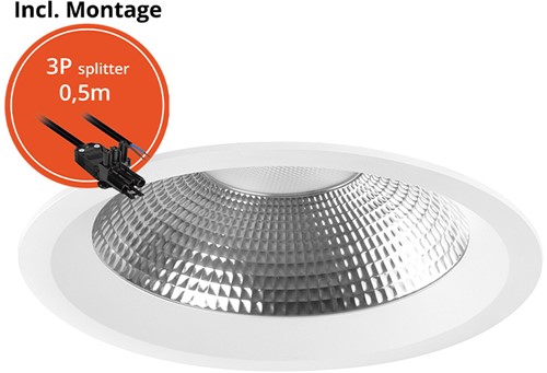 Pragmalux LED Downlight Mondial IP54 facet wit standaard 6-19,5W 725-2450lm 3-CCT CRI>90 UGR<19 60D BØ200 - GØ150-190 +Philips driver incl.3P snoer splitter, 1 in 2 uit