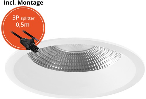 Pragmalux LED Downlight Mondial IP54 facet wit verdiept 13,5-25,5W 1700-3200lm 3-CCT CRI>90 UGR<19 60D BØ226 - GØ200-210 +Philips driver incl.3P snoer splitter, 1 in 2 uit