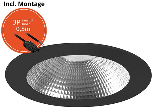 Pragmalux LED Downlight Mondial IP54 facet zwart plat 6-19,5W 725-2450lm 3-CCT CRI>90 UGR<19 60D BØ168 - GØ150 +Philips driver incl.3P snoer