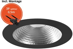 Pragmalux LED Downlight Mondial IP54 facet zwart plat 6-19,5W 725-2450lm 3-CCT CRI>90 UGR<19 60D BØ168 - GØ150 +Philips driver incl.3P snoer splitter, 1 in 2 uit