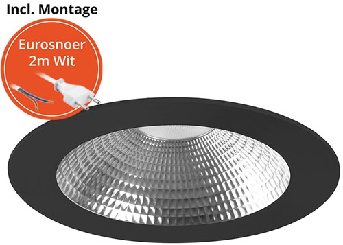 Pragmalux LED Downlight Mondial IP54 facet zwart plat 6-19,5W 725-2450lm 3-CCT CRI>90 UGR<19 60D BØ168 - GØ150 +Philips driver incl. eurosnoer 2m wit-2