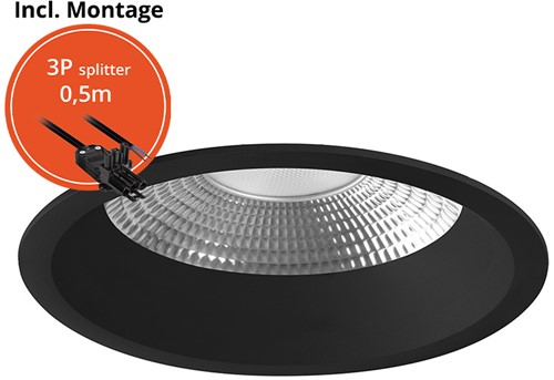 Pragmalux LED Downlight Mondial IP54 facet zwart verdiept 6-19,5W 725-2450lm 3-CCT CRI>90 UGR<19 60D BØ176 - GØ150-160 +Philips driver incl.3P snoer splitter, 1 in 2 uit