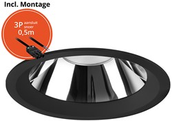 Pragmalux LED Downlight Mondial IP54 hoogglans zwart verdiept 13,5-25,5W 1700-3200lm 3-CCT CRI>90 UGR<19 60D BØ226 - GØ200-210 +Philips driver incl.3P snoer
