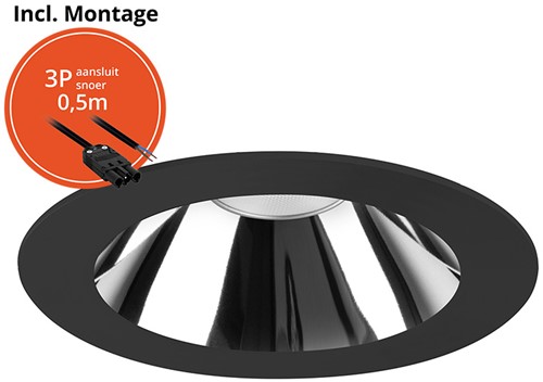 Pragmalux LED Downlight Mondial IP54 hoogglans zwart plat 6-16W 700-1800lm 3-CCT CRI>90 UGR<19 60D BØ132 - GØ120 +Philips driver incl.3P snoer