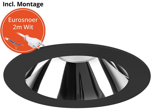 Pragmalux LED Downlight Mondial IP54 hoogglans zwart plat 6-16W 700-1800lm 3-CCT CRI>90 UGR<19 60D BØ132 - GØ120 +Philips driver incl. eurosnoer 2m wit