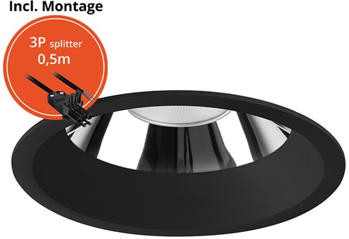 Pragmalux LED Downlight Mondial IP54 hoogglans zwart verdiept 13,5-25,5W 1700-3200lm 3-CCT CRI>90 UGR<19 60D BØ226 - GØ200-210 +Philips driver incl.3P snoer splitter, 1 in 2 uit