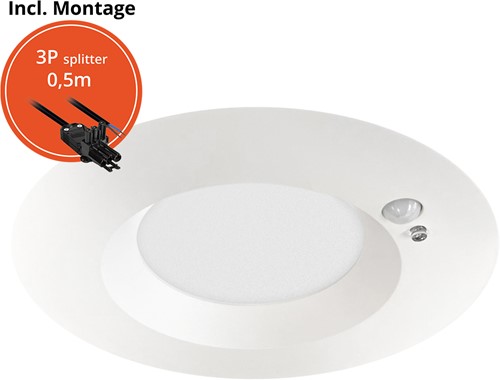 Pragmalux LED Downlight Mondial PIR IP54 opaal wit 13-18W 1400-2100lm 3-CCT 100D BØ176 - GØ150-160 +LED Driver incl.3P aansluitsnoer en splitter en TO, 1 in 2 uit