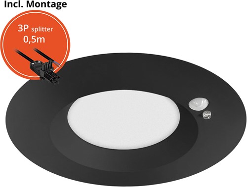 Pragmalux LED Downlight Mondial PIR IP54 opaal zwart 13-18W 1400-2100lm 3-CCT 100D BØ176 - GØ150-160 +LED Driver incl.3P aansluitsnoer en splitter en TO, 1 in 2 uit