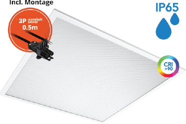 Pragmalux LED Paneel 60x60cm Sigma G2 IP65 CRI>90 13-26W 3000K-4000K 2-CCT 1700-3600lm UGR<19 +Philips Driver incl. 3P Aansluitsnoer en splitter en trekontlasting, 1 in 2 uit (4x14W/4X18W)
