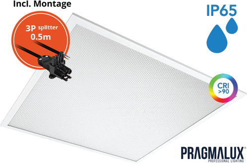 Pragmalux LED Paneel 60x60cm Sigma G2 IP65 CRI>90 26-37W 3000K-4000K 2-CCT 3550-5000lm UGR<19 +Driver incl. 3P Aansluitsnoer en splitter en trekontlasting, 1 in 2 uit (4x14W/4X18W)