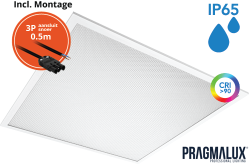 Pragmalux LED Paneel 60x60cm Sigma G2 IP65 CRI>90 26-37W 3000K-4000K 2-CCT 3550-5000lm UGR<19 +Driver incl. 3P Aansluitsnoer (4x14W/4X18W)