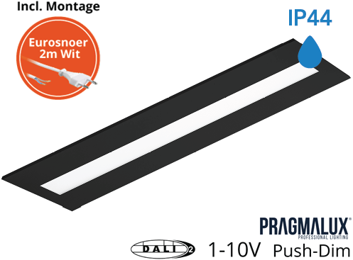 Pragmalux LED Paneel Flexcore IP44 30x120cm 26-39W 3600-5500lm 3000K-3500K-4000K 3CCT CRI >90 UGR<19 zwart RAL9005+universele driver (DALI2, 1-10V, Push-dim) incl. eurosnoer 2m wit 