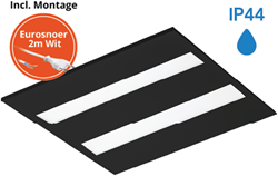 Pragmalux LED Paneel Flexcore IP44 60x60cm 26-39W 3600-5500lm 3000K-3500K-4000K 3CCT CRI >90 UGR<19 zwart RAL9005 +Philips driver incl. eurosnoer 2m wit 