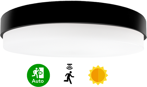 Pragmalux LED Plafonniere / Wandarmatuur Dura-M Zwart 340 IP64 IK10 8-18W 950-2300lm 3000K-3500K-4000K 3-CCT + daglichtsensor + noodmodule 3uur autotest