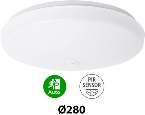 Pragmalux LED Plafonnière / Wandarmatuur Polo G3 IP64 12W 3000K-6000K 3-CCT 1000-1100lm Ø280 (2x18W) +PIR sensor & Noodmodule 3 uur manueel