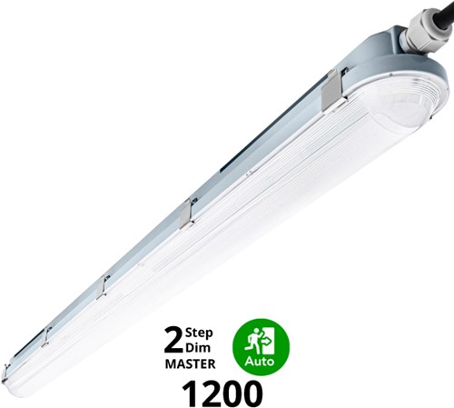 Pragmalux LED TL Waterdicht Armatuur Hermes IP66 120cm 35W 4000K 5100lm (2x36W) 2-step dim (100-10%) master + bewegingssensor & noodmodule 1uur zelftest