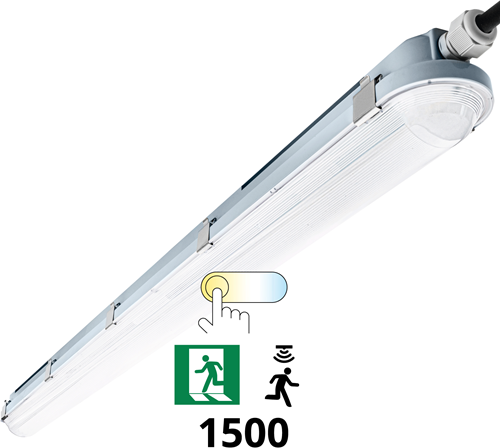 Pragmalux LED TL Waterdicht Armatuur Hermes IP66 150cm 30-53W 3000K-6000K 3-CCT 4150-7700lm 5x2,5mm Doorvoerbedrading (2x58W) + Bewegingssensor & Noodmodule 3 uur manueel