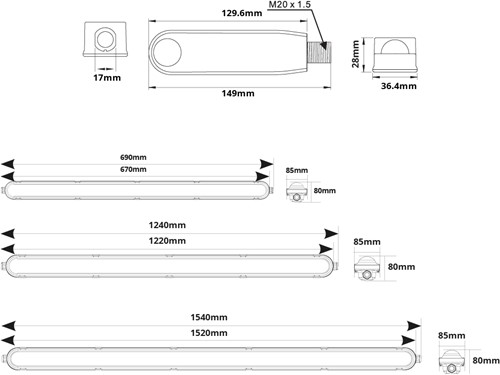 Pragmalux LED TL Waterdicht Armatuur Hermes IP66 150cm 30-53W 3000K-6000K 3-CCT 4150-7700lm 5x2,5mm Doorvoerbedrading (2x58W) + Bewegingsensor PIR-5
