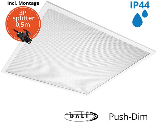 Pragmalux LED Paneel 60x60cm Sigma G2 IP44 38W 3000K-4000K 2-CCT 5000-5100lm UGR<19 +TCI DALI Driver incl. 3P Aansluitsnoer en splitter en trekontlasting, 1 in 2 uit(4x14W/4x18W)