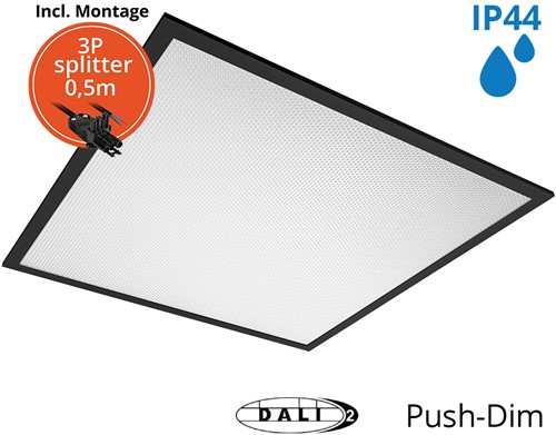 Pragmalux LED Paneel 60x60cm Sigma G2 Zwart IP44 38W 3000K-4000K 2-CCT 5000-5100lm UGR<19 +TCI DALI Driver incl. 3P Aansluitsnoer en splitter en trekontlasting, 1 in 2 uit(4x14W/4x18W)